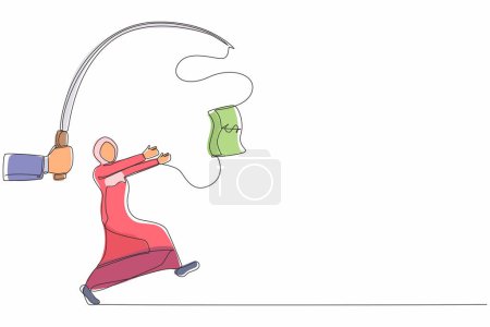 Illustration for Continuous one line drawing hand with fishing pole and dollar cash control greedy Arab businesswoman under hypnosis. Woman running after dangling dollar, trying to catch it. Single line design vector - Royalty Free Image