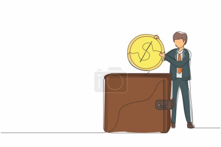 Illustration for Single one line drawing businessman putting dollar coin into big wallet. Concept of direct payment, paying by cash, money transfer, personal financial transaction. Continuous line draw design vector - Royalty Free Image
