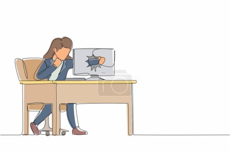 Illustration for Single continuous line drawing angry businesswoman breaks her laptop computer hitting it with clenched fist sitting at desk. Frustrated woman punching hole in pc screen. One line graphic design vector - Royalty Free Image