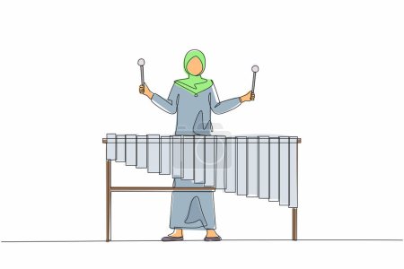 Illustration for Single one line drawing woman Arabian percussion player play marimba. Young female musician playing traditional Mexican marimba instrument at music festival. Continuous line draw design graphic vector - Royalty Free Image