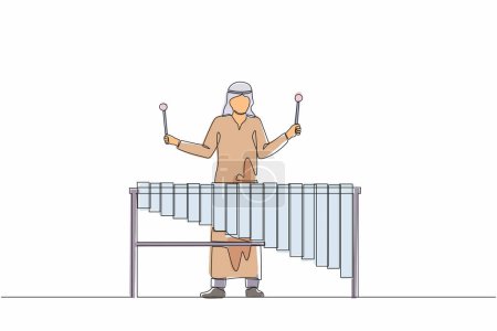 Illustration for Single continuous line drawing Arab man percussion player play marimba. Male musician playing traditional Mexican marimba instrument at music festival. One line draw graphic design vector illustration - Royalty Free Image