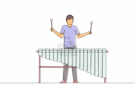 Illustration for Continuous one line drawing man percussion player play marimba. Young male musician playing traditional Mexican marimba instrument at music festival. Single line design vector graphic illustration - Royalty Free Image