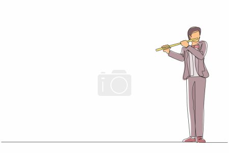 Illustration for Continuous one line drawing male musician playing flute, standing in suit. Flutist performing classical music on wind instrument. Solo performance of talented flautist. Single line draw design vector - Royalty Free Image