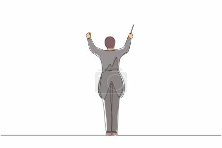 Single continuous line drawing back view of man conductor performing on stage, male musician in tuxedo directing classic instrumental symphony orchestra. One line graphic design vector illustration
