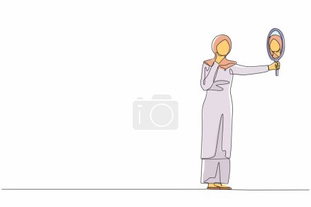 Illustration for Continuous one line drawing Arab businesswoman holding hand mirror. Female manager with hand mirror. Woman looking at herself in mirror. Narcissism, reflection. Single line design vector illustration - Royalty Free Image