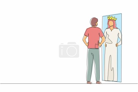 Illustration for Single continuous line drawing Arab businessman looking at mirror and seeing in reflection of himself with crown on his head. Self confidence, motivation. One line graphic design vector - Royalty Free Image