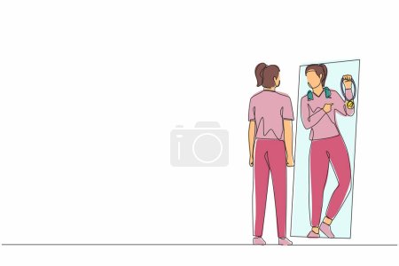 Illustration for Single one line drawing businesswoman looking at mirror and seeing in reflection of herself with holding gold medal, person overestimate herself, self confidence. Continuous line draw design vector - Royalty Free Image