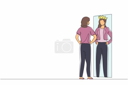 Continuous one line drawing narcissistic businesswoman looking at mirror and seeing in reflection of herself with crown on her head. Self confidence, motivation. Single line draw design vector graphic