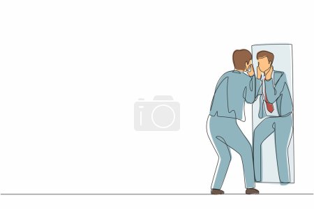 Ilustración de Una sola línea continua dibujando hombre de negocios sosteniendo su cara en espejo de reflexión. Hombre aplicando loción en rastrojo después de afeitarse o recortar, mirando al espejo. Ilustración vectorial de diseño de una línea - Imagen libre de derechos
