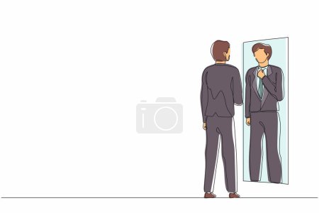 Illustration for Single continuous line drawing businessman adjusting tie in front of mirror. Man checking his appearance in mirror. Male manager looking himself in mirror. One line graphic design vector illustration - Royalty Free Image