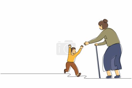 Eine durchgehende Linie zeichnet einen fröhlichen kleinen Jungen, der seine Großeltern trifft. Glückliche Familie zu Besuch bei Großvater und Großmutter. Enkel rennt, um Oma zu umarmen. Illustration eines Linien-Designvektors