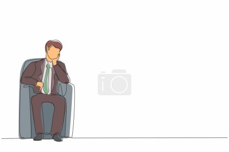 Téléchargez les illustrations : Simple ligne continue dessin homme d'affaires assis sur le canapé dans le salon, se sentant stressé, seul. Travailleur anxieux assis sur le canapé, pleurer, se sentir frustré, déprimé, souffrir. Un vecteur de dessin de ligne - en licence libre de droit