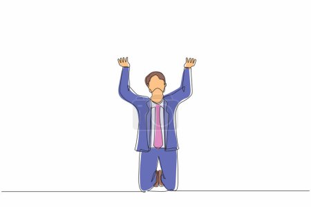 Illustration for Continuous one line drawing sad shocked businessman kneeling and pray. Losing money, economy crisis, bankrupt, depressed. Male standing on his knees. Single line design vector graphic illustration - Royalty Free Image