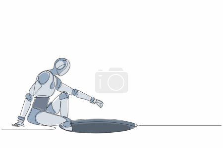 Illustration for Single one line drawing robot descends into the hole. Future technology development. Artificial intelligence and machine learning processes. Modern continuous line design graphic vector illustration - Royalty Free Image