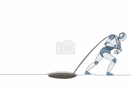Ilustración de Una sola línea de dibujo robot tratando de tirar de la cuerda para arrastrar algo desde el agujero. Tecnología del futuro. Inteligencia artificial y aprendizaje automático. Línea continua dibujo diseño vector ilustración - Imagen libre de derechos