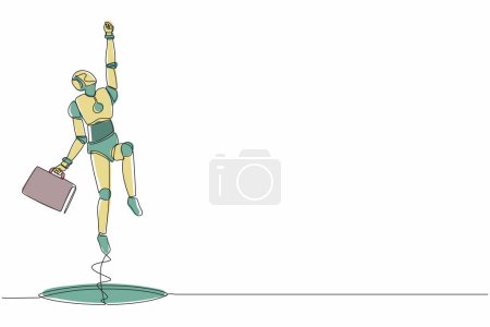 Téléchargez les illustrations : Robot de dessin continu d'une ligne volant avec mallette sortant des trous. Humanoïde robot organisme cybernétique. Concept futur de développement robotique. Illustration graphique vectorielle de conception à ligne unique - en licence libre de droit