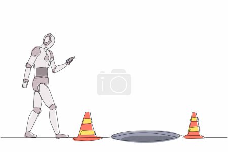 Ilustración de Una sola línea continua robot de dibujo caminando escuchando música y viendo el teléfono inteligente. Tecnología robótica de inteligencia artificial. Tecnología electrónica. Una línea dibujar ilustración vectorial diseño gráfico - Imagen libre de derechos