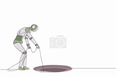 Ilustración de Robot de dibujo continuo de una línea estirar la cuerda en el agujero. Me pregunto, mirando el agujero. Organismo cibernético robot humanoide. Desarrollo robótico futuro. Ilustración vectorial de diseño de línea única - Imagen libre de derechos