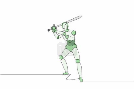 Illustration for Continuous one line drawing robots standing and swinging big sword gesture. Humanoid robot cybernetic organism. Future robotics development concept. Single line draw design vector graphic illustration - Royalty Free Image
