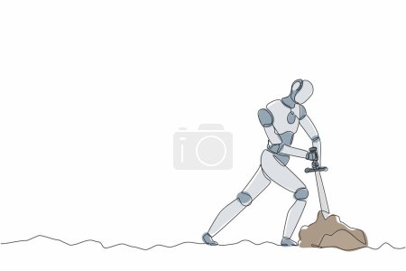 Illustration for Single one line drawing robot tries to draw stuck excalibur sword from stone. Future technology. Artificial intelligence machine learning process. Continuous line design graphic vector illustration - Royalty Free Image