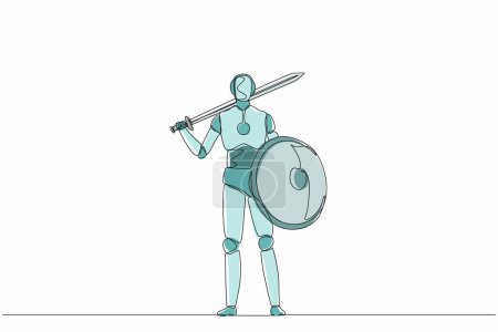 Illustration for Single continuous line drawing robots standing holding sword and shield. Modern robotics artificial intelligence technology. Electronic technology industry. One line graphic design vector illustration - Royalty Free Image