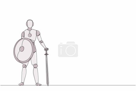 Illustration for Continuous one line drawing robots stands holding big sword and shield. Humanoid robot cybernetic organism. Future robotics development concept. Single line draw design vector graphic illustration - Royalty Free Image