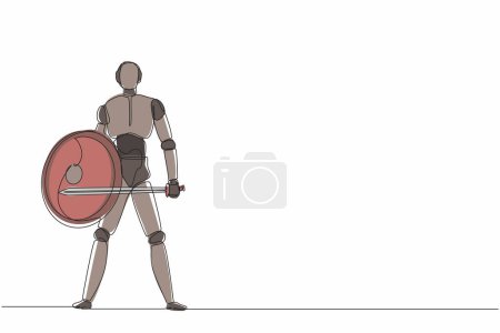 Illustration for Single one line drawing robot standing holding sword and shield. Future technology development. Artificial intelligence and machine learning process. Continuous line design graphic vector illustration - Royalty Free Image