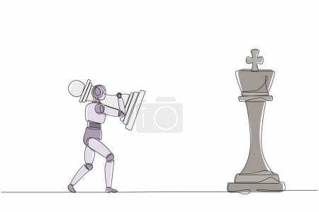 Einzeiliger Zeichenroboter, der eine Schachfigur hält, um Königsschach zu schlagen. Künftige technologische Entwicklung. Maschinelles Lernen durch künstliche Intelligenz. Grafischer Vektor für kontinuierliche Linienzeichnung