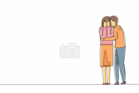 Illustration for Single one line drawing man comforting her crying best friend. Depressed woman covering face with hands, her husband consoling, care about her. Help and support. Continuous line graphic design vector - Royalty Free Image