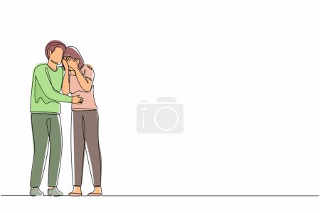 Illustration for Continuous one line drawing man hugging soothing sad depressed frustrated crying woman holding shoulders and discussing problems. Support, stress, depression. Single line draw design vector graphic - Royalty Free Image