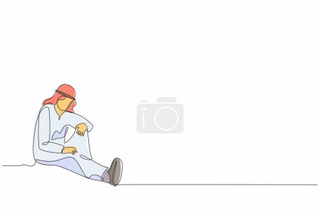 Ilustración de Una sola línea dibujando deprimido empresario árabe con maletín sentado en la desesperación en el suelo. Empresario expresión de gesto triste. Síndrome de burnout profesional. Línea continua dibujo vector de diseño - Imagen libre de derechos