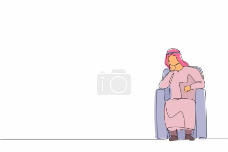 Ilustración de Continuo dibujo de una línea hombre de negocios árabe sentado en el sofá en la sala de estar, sintiéndose estresado, solo. El trabajador ansioso se sienta en el sofá, llorando, se siente frustrado, deprimido, sufre. Vector de diseño de línea única - Imagen libre de derechos
