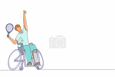 Illustration for Continuous one line drawing wheelchair tennis sport. athlete in wheelchair with racket. Active people. Man. Disability, social policy. Social support. Single line draw graphic design vector - Royalty Free Image