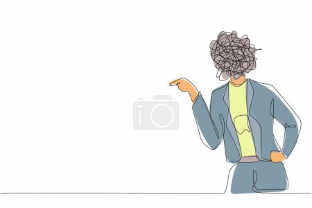 Illustration for Single continuous line drawing businesswoman with round scribbles instead of head. Angry worker arguing, conflicting. Quarrel fight aggressive person. Female shouting. One line graphic design vector - Royalty Free Image