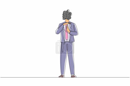 Illustration for Continuous one line drawing businessman with round scribbles instead of head. Stop working, time break gesture, timeout signal. Body language sign with palms fingers. Single line draw design vector - Royalty Free Image