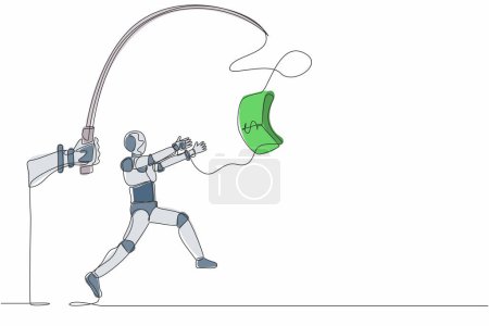 Ilustración de Mano de dibujo continuo de una línea con caña de pescar y robot codicioso de control de efectivo en dólares. Organismo cibernético robot humanoide. Desarrollo futuro de la robótica. Ilustración vectorial de diseño de línea única - Imagen libre de derechos
