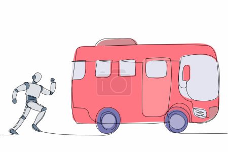 Illustration for Single one line drawing robot run chasing bus. Tech system analysis in public transportation. Future technology development. Artificial intelligence. Continuous line graphic design vector illustration - Royalty Free Image