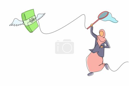 Illustration for Single continuous line drawing unlucky Arab businesswoman try to catch flying money stack with butterfly net. Losing business or project opportunity. One line draw graphic design vector illustration - Royalty Free Image