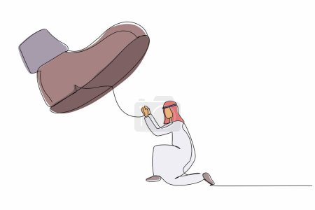 Ilustración de Una sola línea continua dibujando activo hombre de negocios árabe arrodillarse bajo gran pie. Gerente masculino bajo tiranía, dictadura, autoritario. Metáfora del minimalismo. Ilustración vectorial de diseño de una línea - Imagen libre de derechos