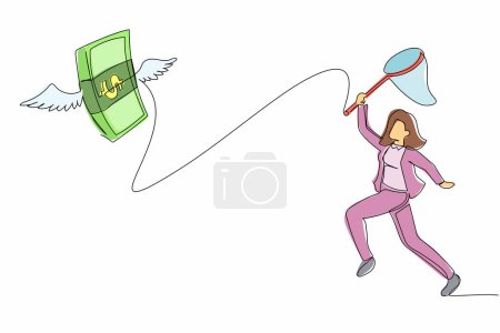 Illustration for Single continuous line drawing businesswoman try to catch flying money stacks with butterfly net. Lost pile of cash. Failed raise salary and business project. One line draw design vector illustration - Royalty Free Image