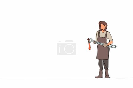 Illustration for Continuous one line drawing female blacksmith wearing apron standing holding hot blade forged with pliers and tongs. Medieval blacksmith making swords. Single line design vector graphic illustration - Royalty Free Image