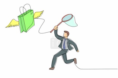 Illustration for Continuous one line drawing businessman try to catching flying shopping bag with butterfly net. Commercial retail fashion and makeup shopping concept. Single line design vector graphic illustration - Royalty Free Image