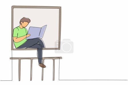 Single continuous line drawing relaxed man sitting on windowsill and reads newspaper. Cozy balcony. Home activities. Stays at home during quarantine. One line draw graphic design vector illustration