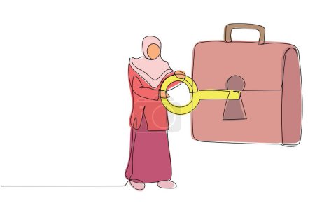 Ilustración de Una línea continua dibujando a una empresaria árabe poniendo la llave en el maletín. Bolsa de seguridad para documento secreto. Invertir cartera, valores, mercado de valores. Ilustración vectorial de diseño de línea única - Imagen libre de derechos