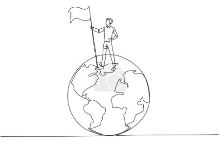Continuous one line drawing of successful businessman standing on giant globe holding flag. Businessman celebrating victory. Metaphor of conquering the world. Single line draw vector illustration