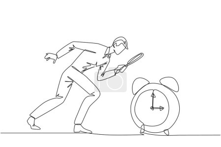 Illustration for Continuous one line drawing of businessman holding magnifying glass looking at alarm clock. Super busy businessman, always working overtime. Workaholic. Single line draw design vector illustration - Royalty Free Image