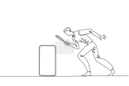 Illustration for Single continuous line drawing businessman holds magnifying glass highlighting smartphone. Take advantage of latest technology for convenience of doing business. One line design vector illustration - Royalty Free Image