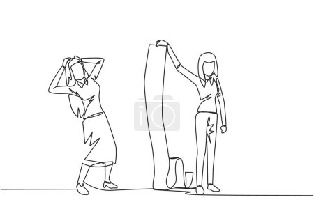Continuous one line drawing of shocked businesswoman is shown the bill by his business partner. Many bills have entered the deadline to be paid right now. Single line draw design vector illustration