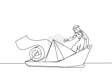 Téléchargez les illustrations : Un seul dessin continu de l'homme d'affaires arabe est monté à bord d'un bateau en papier chargé de rouleaux de billets de papier et presque noyé. Dépenser plus que des revenus. De grands piquets que des poteaux. Un vecteur de conception de ligne - en licence libre de droit