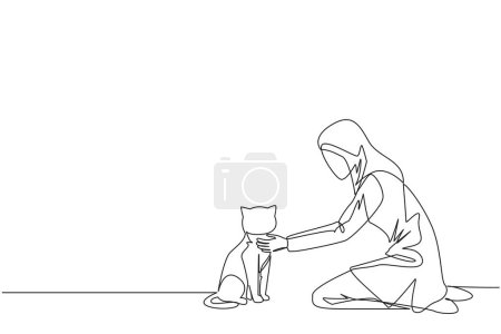 Illustration for Single continuous line drawing of young Arabian woman hugging hugging her beloved cat. Kneeling, she put her cat on the floor. Stroking her cat and then asked to play. One line vector illustration - Royalty Free Image